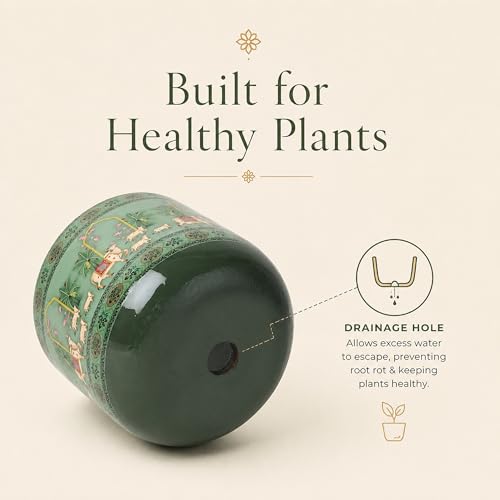 Image of Habere India-All the Cultures Fabricating India Pichwai Art Hand Painted Green Terracotta Planter | Cow Motif Indian Art Indoor Plant Pot | Clay Pot with Drainage Hole (Green: L12 x W12 x H10 cm)