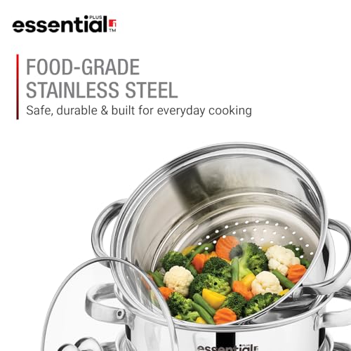 Image of Essential Plus Stainless Steel 3 Tier Steamer with Glass Lid (20cm), 3L Base Pot, Multi-Purpose Steamer for Momos, Modak, Vegetables and More, Compact Design - Induction and Gas Stove Ready