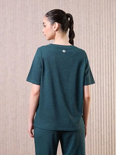 Image of TECHNOSPORT Women Relaxed Fit Cubic Melange Round Neck T-Shirt | Quick Dry Polyester Casual Tee with UPF 50+ UV Protection, Anti-Microbial & Double Cool Technology