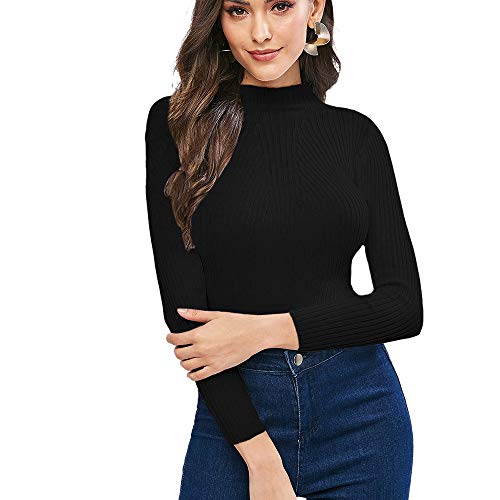 ZAFUL Women's Pullover Plain Slim Sweater Long Sleeve Mockneck Lightweight Ribbed Knit Jumper Top Black