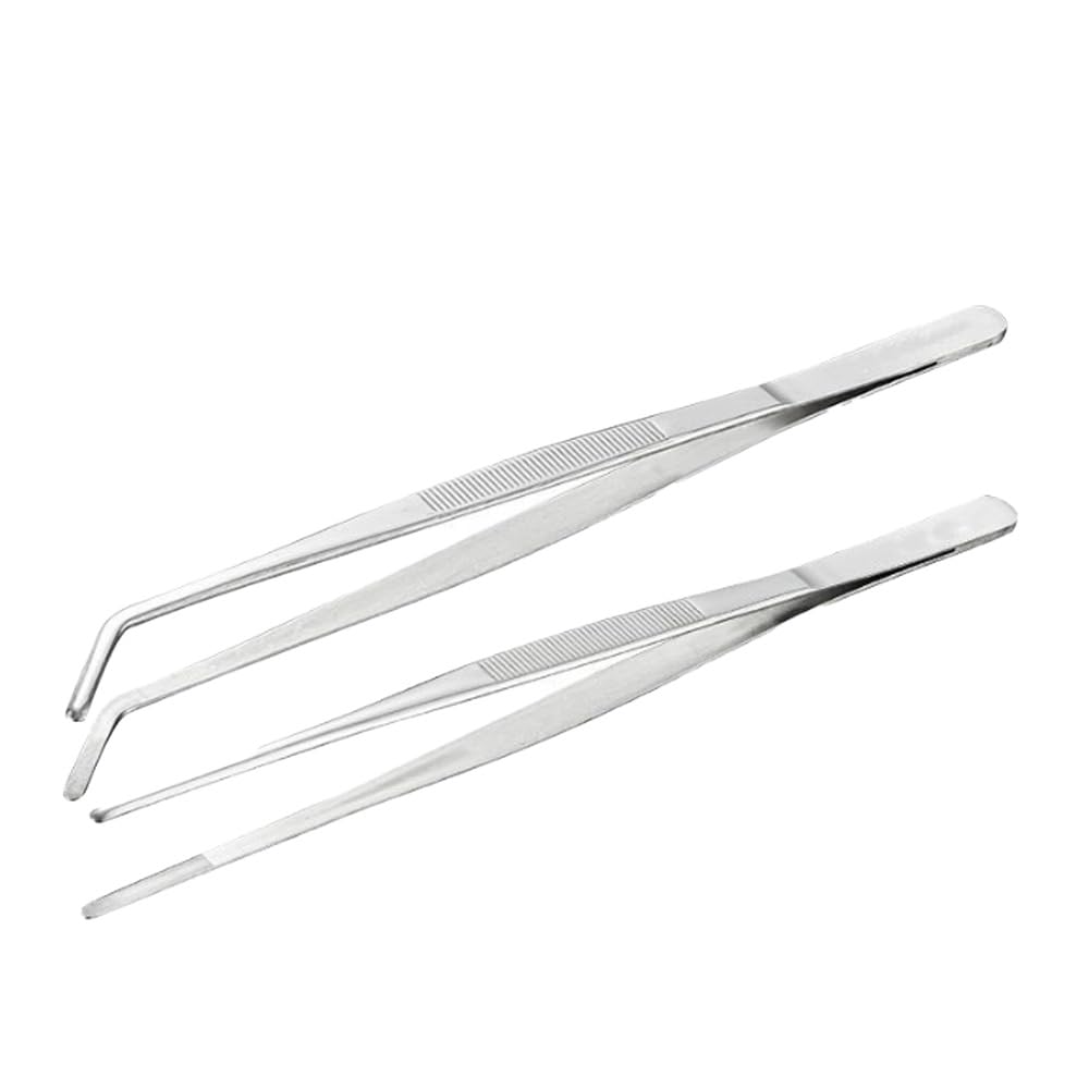 Long Handle Stainless Steel Straight and Curved Tweezers Nippers,Silver,2 pieces
