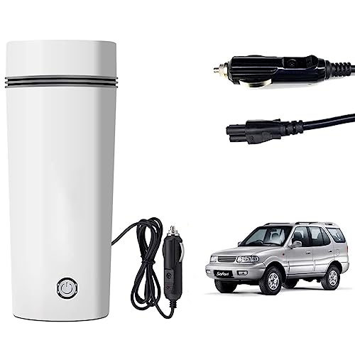 Image of Oshotto 12V Portable Electric Water Bottle for Hot Water Tea Coffee Kettle Mug Multipurpose Food Grade Fast Boil Auto Shut-off For Travel Camping, Road Trip Compatible with Tata Safari (350ml) - White