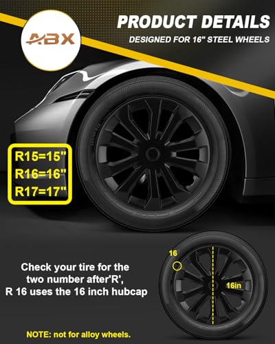 Image of ABX Hubcap Wheel Covers Hub Caps 16 Inch Set of 4 Black Universal Wheel Rim Cover R16 Stylish Car Decor Wheel Covers for Toyota Camry Nissan Mazda (black-10, 16 inch)