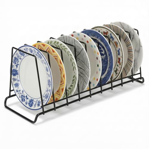 Image of TechSrmaji Premium 9- Section Stainless Steel Plate Stand | Dish Organizer Rack for Kitchen Cabinet & Countertop | Rust Proof 9 Plate Holder for Dishes, Thali & Lids (9-Section) Black