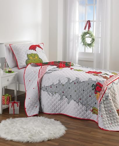 Grinch by Dr. Seuss Holiday & Christmas Quilt Bedding Super Soft 2 Piece Pillow Sham and Quilt Set, Twin Size 68" x 86", (100% Officially Licensed Product) by Franco - Image 4