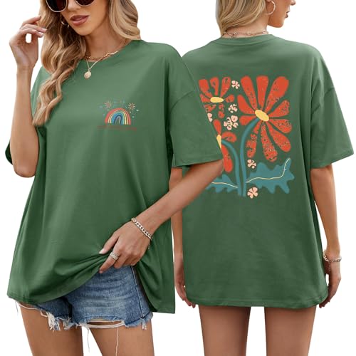 heekpek Camiseta Oversize Mujer Verano Algodon Camisetas Manga Corta Mujer Talla Grande Casual Cuello Redondo T-Shirt Estampada, Verde, M