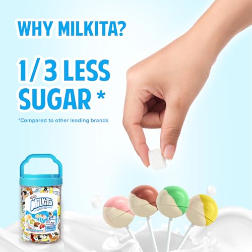 Milkita The Real Milk Candy Lollipop Jar – Low-Sugar, Assorted Healthy Sweets with Real Milk for Kids & Adults – Fat Free & Gluten Free Candy with Calcium for Everyday Indulgence (45 Count Jar)
