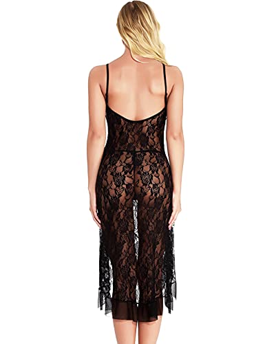 Hisexy Women's Sexy Boudoir Lingerie Set Long Adjustable Strappy Dress See-Through Lace Negligee Chemise Black L #TOP1