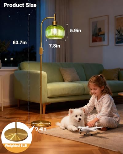 Image of Lightdot 64IN Glass Floor Lamp for Living Room, Dimmable Modern Standing Lamps with Emerald Green Ribbed Glass Lampshade&(Bulb Included), Industrial Floor Lamp for Bedroom Office /
