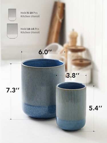 LE TAUCI Utensil Holder, 18.5+14cm Ceramic Kitchen Utensils Holder, Large Cooking Utensil Pots for Kitchen Counter, Morden Utensil Organizer for Spatula, Set of 2, Reactive Glaze Blue