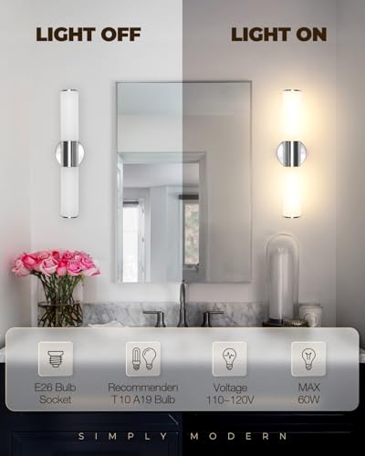 Image of 2-Light Bathroom Vanity Lighting Fixture, Brushed Nickel Wall Sconce with Opal White Glass, E26 Stocket Indoor Wall Lamp, Modern Mirror Light. 2 Pack
