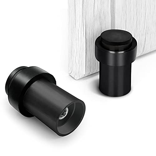 Door Stopper Cylindrical Floor Mount Door Stop 2 Pack Brushed Stainless Steel Door Stoppers with Rubber Door Stops Modern Wall Heavy Duty Solid Doorstops Black Decorative Door Wedge