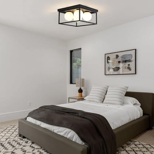 Image of Flush Mount Ceiling Light, 12.6 inch Close to Ceiling Light Fixtures with Globe Glass Shade, 4-Light Black Ceiling Light Fixture for Bedroom Kitchen Hallway Living Room Dining Room Entryway