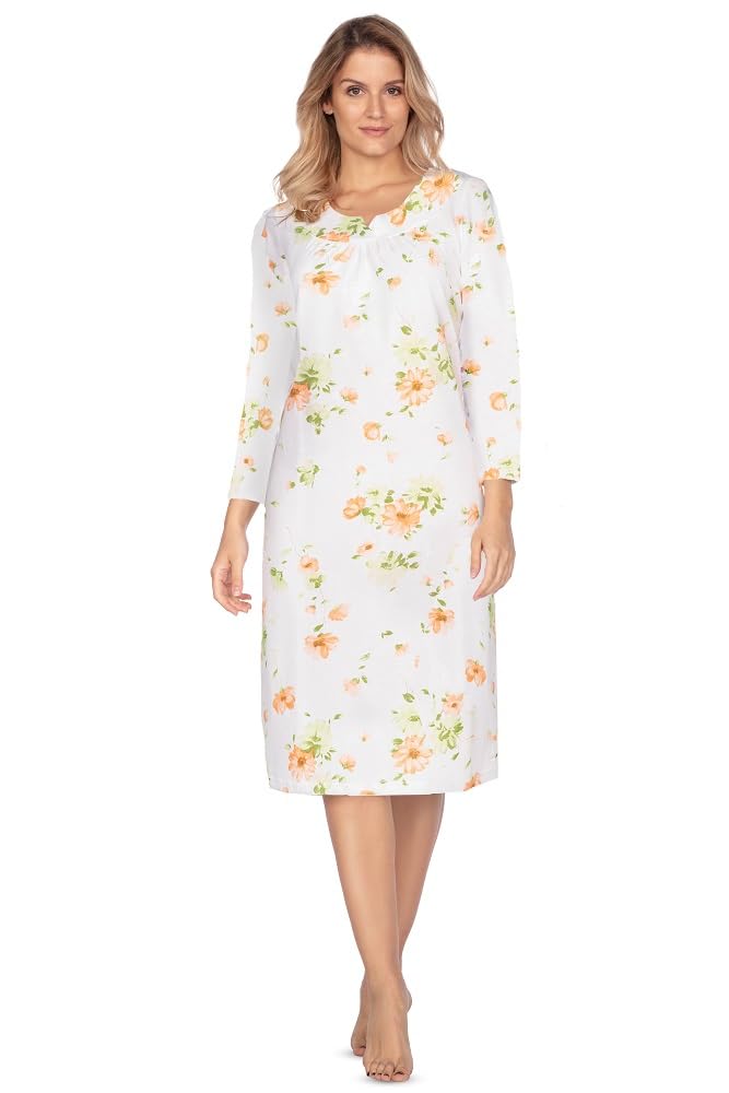 e.Femme® Jana 1092 Women's Nightdress 7/8 Sleeve 100% Cotton, Ecr/Orange, 10