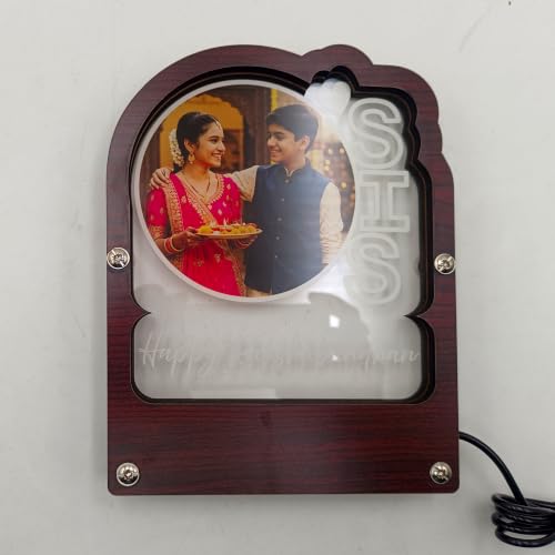 Image of lampees Personalised Happy Rakshabandhan LED Photo Frame, 200x150 mm | UV Printed Acrylic, Soft LED Backlight, Wood Frame Base, USB Powered, Sibling Keepsake