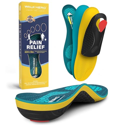 WalkHero Heavy Duty High Arch Support Insoles, 220+lbs High Arch Support Orthotics Inserts for Plantar Fasciitis, Flat Feet, Pronation and Heel Pain (Mens 10-10.5 | Womens 12-12.5, Coral Green)