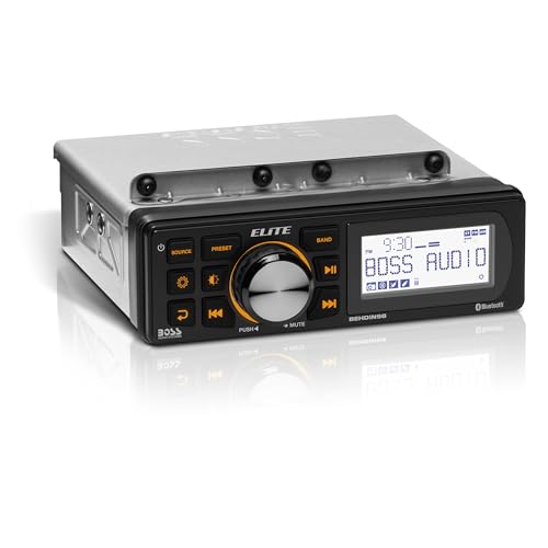 BOSS Audio Systems BEHDIN98 Harley Davidson Amplified Bluetooth Receiver Directly Fits 1998-2013 Electra Glide & Road Glide 3 Monochrome LCD IPX6 Weatherproof Panel & IPX4 Chassis