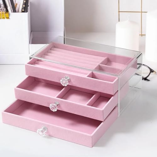 Image of Vlando 3 layer jewelry storage box 3 Drawers Transparent Clear Ring Necklace Piercing Earrings Bracelet Watch Jewellery Organiser Jewellery Box Acrylic Container for Ring Necklace Home (Pink)