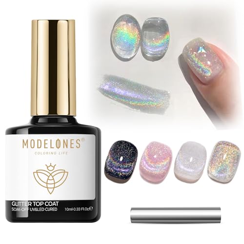 Image of modelones Rainbow Cat Eye Gel Nail Polish Top Coat, 2-in-one 9D Glitter Clear Gel Polish with Magnet Stick Holographic Glossy Finish Long Lasting Soak Off Manicure Home Salon Nail Art 10 ML