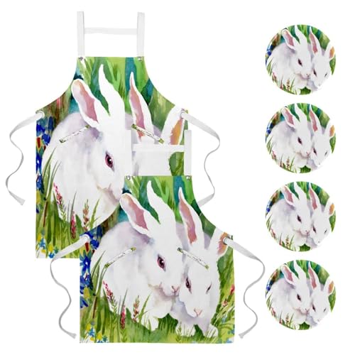 Tablier multicolore deux lapins dans l'herbe avec 4 broches incluses