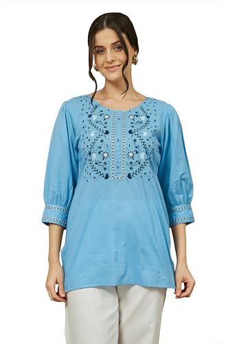 Image of Janasya Women's Pure Cotton Embroidered Straight Tunic