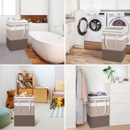 HomeHacks 2-Pack Large Laundry Basket, Waterproof, Freestanding Laundry Hamper, Collapsible Tall Clothes Hamper with Extended Handles for Clothes Toys in the Dorm and Family (Brown, 88L)
