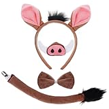 Dxhycc Warthog Costume Accessories Set, Warthog Ears Headband Nose Bowtie and Tail Costume Accessories for Adult Halloween Dress Up Play Party
