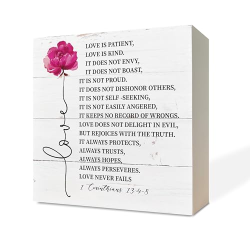 Christian Wood Signs, Bible Verse 1 Corinthians 13:4-8 Wood Signs, Box Sign Decor Tabletop, Sweet Home Decor, Christian Shelf Decor, Box Signs with Love Quotes, Plaque for Anniversary, Wedding Gift A