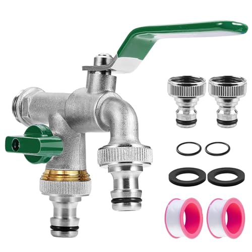 Rubinetto da giardino da 1/2 pollici, doppio rubinetto con 2 connettori per tubi e 2 nastri di tenuta per tamburo, rubinetto da giardino, antigelo -20 ℃ per giardino casalingo (verde)