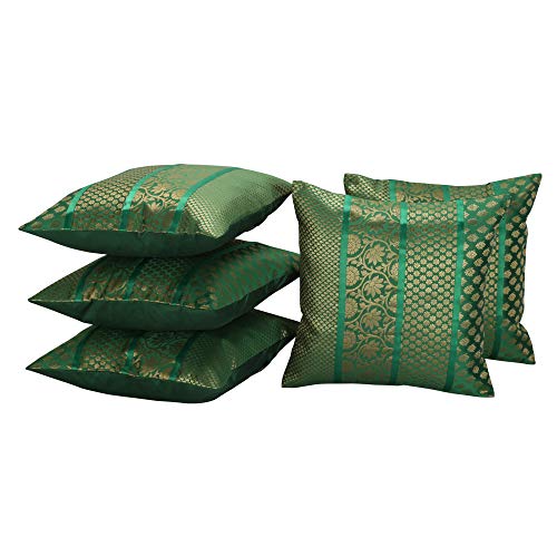 Image of Home Decor Decorative Heavy Brocade Banarsi Silk Cushion Covers Pillowcase 16 inch Rajasthani Diwan Living Room Sofa Settee Couch Cushion Pillow 40 x 40 cm (Green, 5)