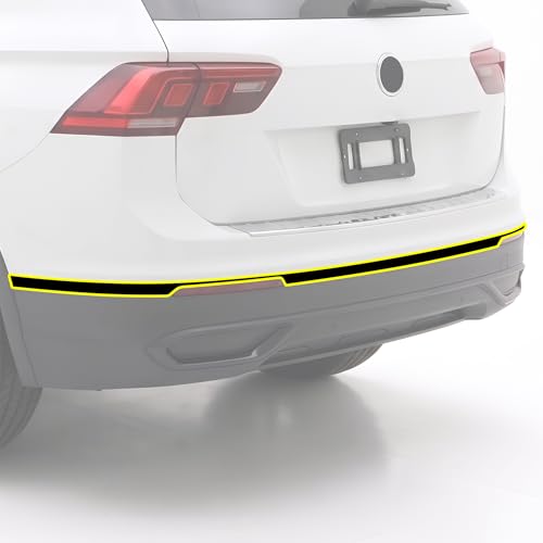 Image of BOGAR TECH DESIGNS for Volkswagen Tiguan 2018-2024 Rear Bumper Chrome Delete - Precut Vinyl Trim Overlay, Gloss Black Blackout Look