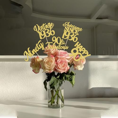 Image of 15 PCS 90th Birthday Centerpiece Sticks Double Sided Ninety Happy 90th Vintage 1936 Table Flower Centerpieces Sticks Cheers to 90 Fabulous Floral Decorations for 90th Birthday Party Supplies Gold