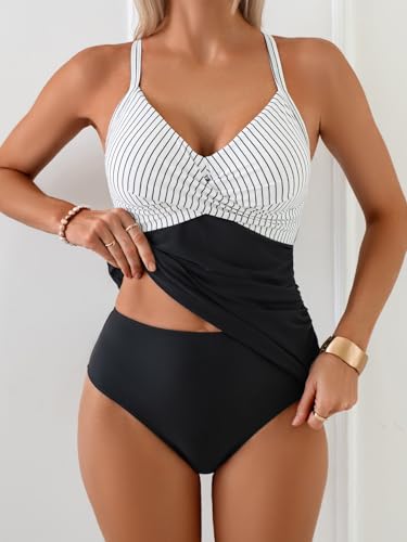 Image of B2prity Women's Tankini Swimsuits Tummy Control Ruched V Neck Bathing Suit