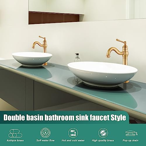 Heyalan Bathroom Vessel Sink Faucet Antique Brass Tall Body 360 Degree Spout One Handle Lever Single Hole Deck Mount Brass Pop Up Drain Assembly Without Overflow Vanity Mixer Tap #TOP5