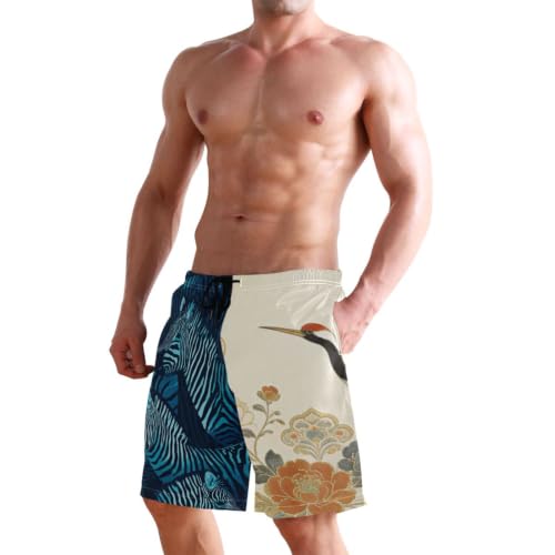Short de plage extensible rapide beige à motif grue japonaise pour homme