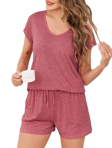 Vlazom Pijama para Mujer Conjunto 2 Piezas Manga Corta Tops y Pantalones Cortos Suave Ropa de Dormir(S,Rojo Rosa)