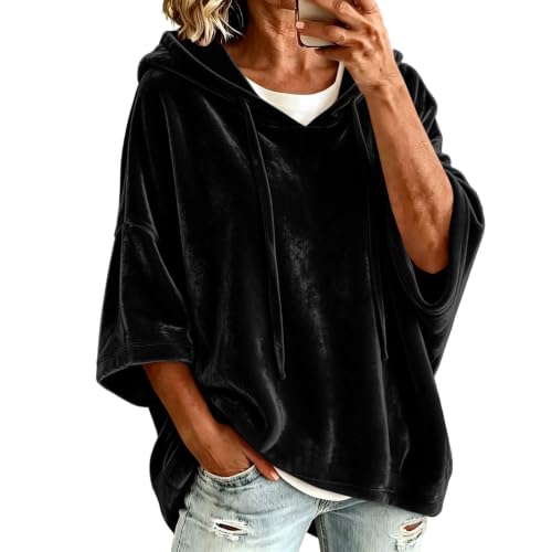 YMADREIG Womens Oversized Velvet Hoodies 3/4 Sleeve Velour Sweatshirt