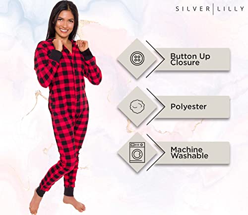 Silver Lilly Slim Buffalo Plaid Flapjack Pajamas - Warm Adult Onesie Jumpsuit, Cotton One Piece PJs, Union Suit, Women's