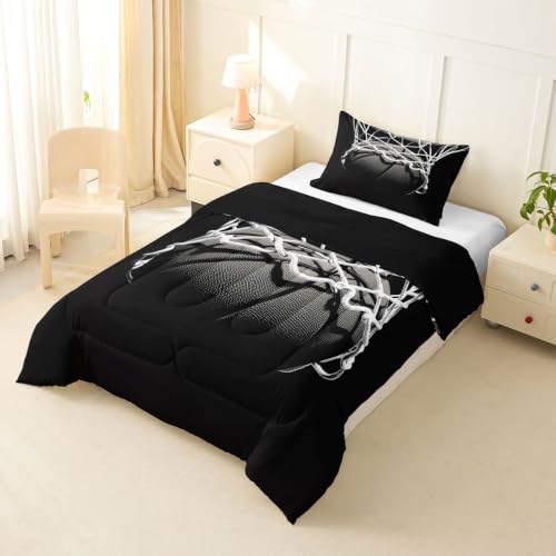 Image of Feelyou 3D Basketball Comforter Set Toddler Size Ball Pattern Bedding Set for Kids Boys Girls Sports Theme Duvet Quilt Bedroom Decor Microfiber 2 Pcs with 1 Pillow Case