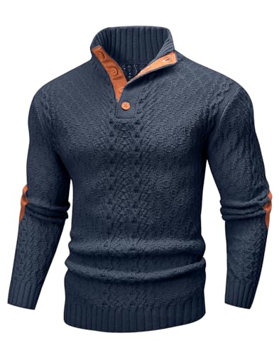 Mens Cable Knit Pullover Sweater Casual Long Sleeve Stand Collar Quarter Button Knitted Sweaters