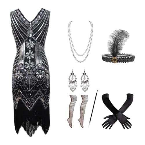 Generisch 20er Jahre Kostüm Damen, Flapper Kleid Elegantes Vintage Outfit mit Federboa, Kopfschmuck & Perlenkette, Komplettes Art Deco...