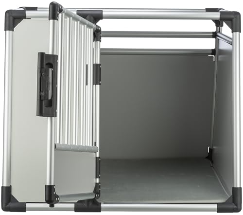 TRIXIE Hunde-Transportbox Aluminium in silber – L: 93 × 64 × 74 cm, stabile und geräuscharme Hundebox mit abgeschrägten Seiten, Sicherheitsverschluss & rutschfester Liegematte – 39344