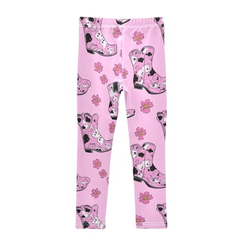 Wusikd Pink Cowgirl Boots Girls' Leggings Toddler Doodles Flowers Pink Kids Yoga Pants Dance Active Tights 4T2