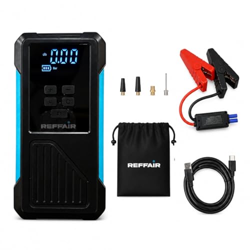 Image of Reffair AirSwift100 4-in-1 Jump Starter (800A Peak - 8L Gas /5L Diesel), Portable Tyre Inflator (150 PSI, 22L /Min), 8000mAh Power Bank, LED Emergency Light - BIS Certified, Compact with Bag