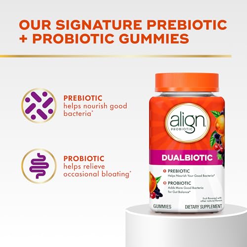 Image of Align Dualbiotic, Prebiotics and Probiotics for Women and Men, Probiotics for Digestive Health, Prebiotics Help Nourish Good Bacteria, Natural Fruit Flavors, 90 Probiotic Gummies (Packaging May Vary)