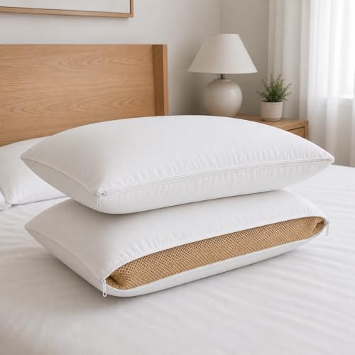 Image of AYKA Height Adjustable Microfiber Sleeping Pillow | Height Adjustable Zip Pillow | Soft & Fluffy Comfort | Hypoallergenic, Breathable & Washable |17x27 Inch | White & Beige | Set of 2