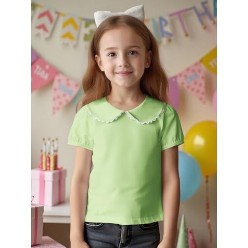Image of MODNTOGA Kids Baby Girl Long Sleeve Collar Shirt Toddler White Blouse Puff Short Sleeve T-Shirt Solid Color Basic Top Bottom (Green, 2-3 Years(100))