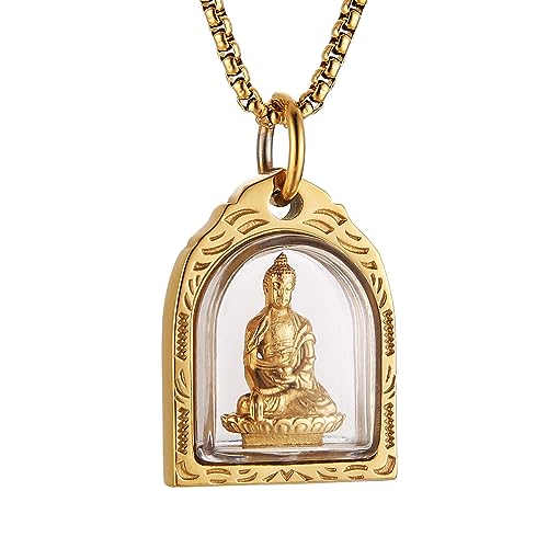 HZMAN Vintage Stainless Steel Tibetan Amitabha Buddha Pendant Mala Prayer Buddhist Necklace Lucky Amulet