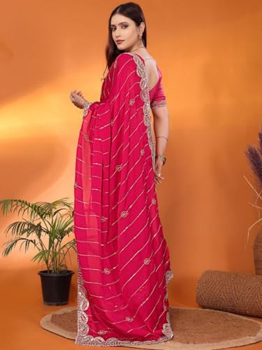 Image of Womens Crunchy Saree With Stone And Zari Work And Scalloped Cut Work On The Border With Blouse 5.5 Meter Saree 0.8 Meter Unstitched Blouse Piece