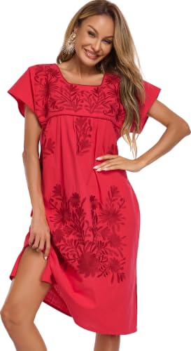 Image of YZXDORWJ Women Mexican Embroidered Long Dress Ruffle Collar Maxi Boho Floral Summer Short Sleeve